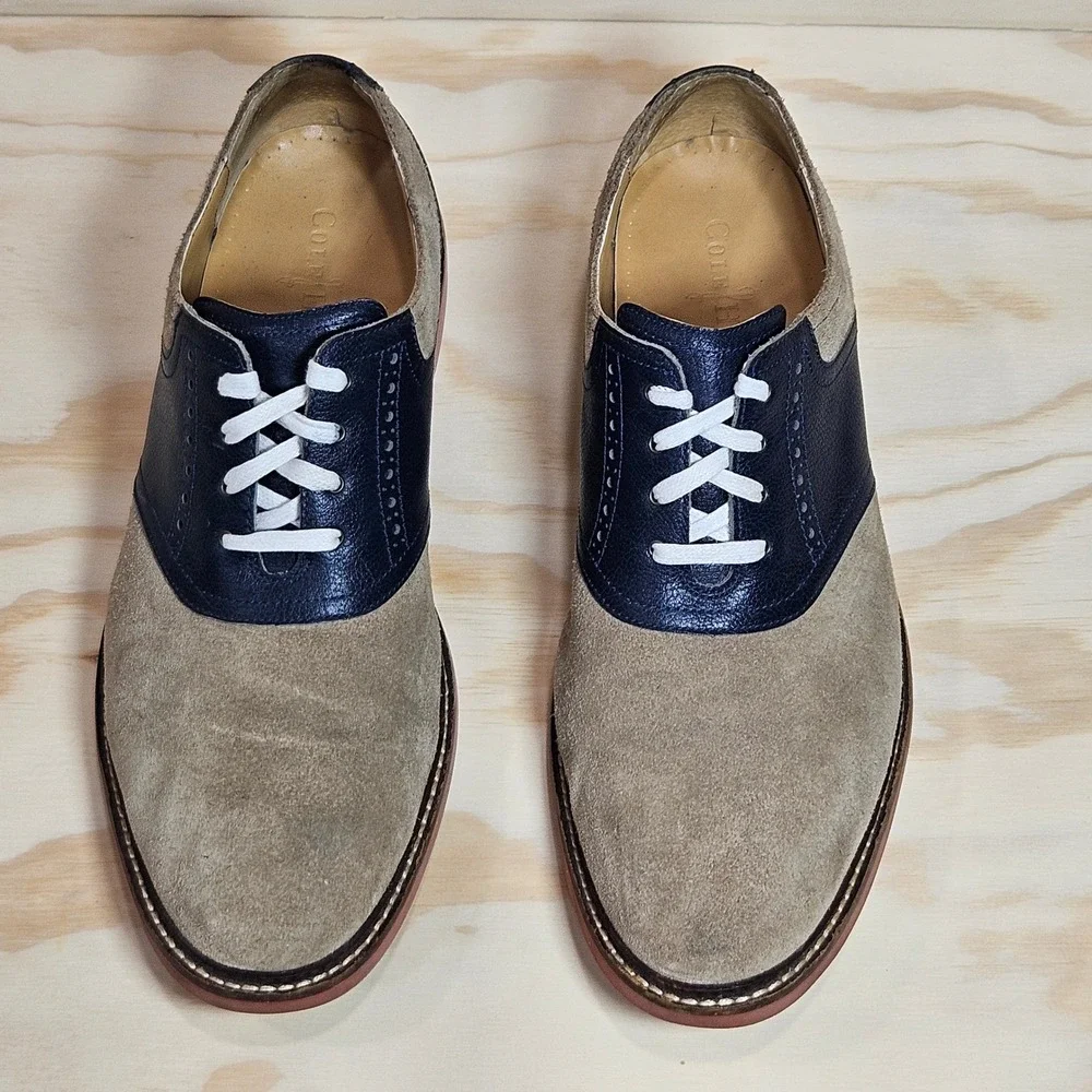 Cole Haan Mens C12280 Tan Suede Navy Leather Saddle Oxford Shoes Size 10.5 M